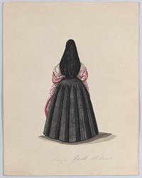 A  woman wearing the saya viewed from behind, from a group of drawings depicting Peruvian dress