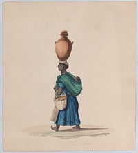 A woman carrying a vessel on her head and a child on her back, from a group of drawings depicting Peruvian dress