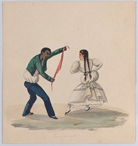 A man and woman dancing the Zamacueca, from a group of drawings depicting Peruvian dress