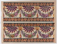 Sheet with two borders with three fans and floral garlands by Anonymous