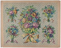 Sheet with five bouquets on a blue checkered background by Anonymous