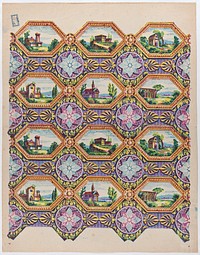 Sheet with pattern of brightly colored landscapes in hexagonal frames