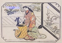 Courtesan with a Young Man (Wakashu) beside a Screen