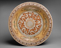 basin with polychrome scroll motif on strippled ground