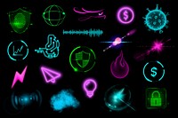 Neon tech icon collage element, retro future design