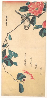 Utagawa Hiroshige (1833) Camellia and Bullfinch. Original public domain image from the MET museum.