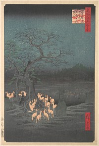 Utagawa Hiroshige (1857) Shozokuenoki Tree at Oji: Fox–fires on New Years Eve. Original public domain image from the MET museum.