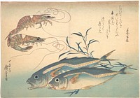 Utagawa Hiroshige (1830) Aji Fish and Kuruma-ebi, from the series Uozukushi (Every Variety of Fish). Original public domain image from the MET museum.
