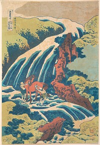 The Waterfall Where Yoshitsune Washed His Horse at Yoshino in Yamato Province (Washū Yoshino Yoshitsune uma arai no taki), from the series A Tour of Waterfalls in Various Provinces (Shokoku taki meguri). Original public domain image from the MET museum.