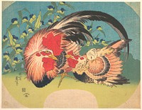 Rooster, Hen and Chicken with Spiderwort (1830&ndash;3183), Japanese Woodblock print, ink and color on paper.