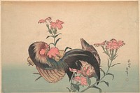 Hokusai's Katsushika Hokusai, Cock, Hen, and Nadeshiko (1850). Original public domain image from the MET museum.