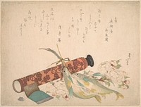 Hokusai's Still Life: Double Cherry-Blossom Branch, Telescope, Sweet Fish, and Tissue Case (1804&ndash;13). Original public domain image from the MET museum.