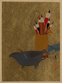 Kettle and box with paint brushes japanese art lacquer by Shibata Zeshin.