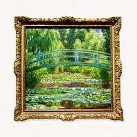 Monet&rsquo;s Japanese Footbridge artwork in gold frame psd, remixed by rawpixel.
