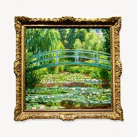 Monet’s Japanese Footbridge artwork in gold frame psd, remixed by rawpixel.