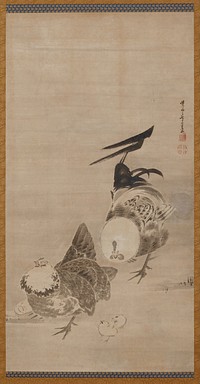 Roosters, Hen, and Chicks [right of a pair] (1795) painting in high resolution by Itō Jakuchū. Original from the Minneapolis Institute of Art. 