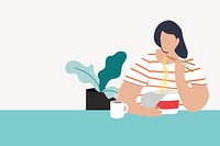 Woman eating ramen noodle, faceless illustration