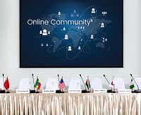 Illustration of global communication network technology at press conference