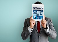Man holding digital device network graphic overlay