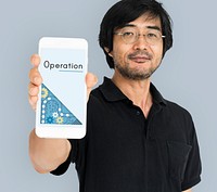 Asian man showing smart phone with operation word on hand