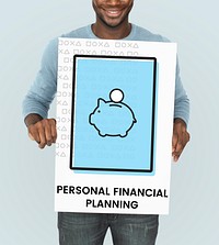 Man holding banner with illustration of economy financial planning piggy bank