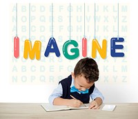 Child writing under colorful letters.