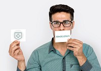 Man holding network graphic overlay banners