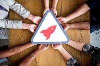 Group of people team with rocket start up icon