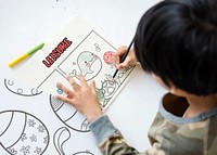 Young boy working on drawing pad network graphic overlay