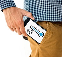 Hand holding digital device network graphic overlay from trouser pocket