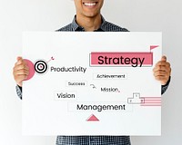 Smiling man holding a business diagram banner