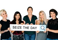 Group of women holding banner network graphic overlay