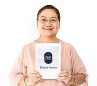 Woman holding digital device network graphic overlay