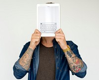Hands holding network graphic overlay digital device covering face