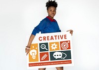Black woman holding a creative icon collage banner