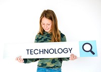 Girl holding searching banner of digital media entertainment