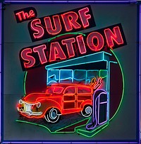                         Neon sign for the Surf Station store, which sells surfboards, wetsuits, and beachwear in St. Augustine, Florida                        