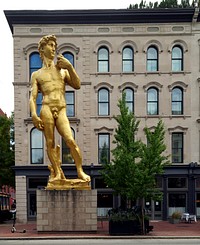                         An oversized, ornamental Statue of David outside the 21c Musem & Hotel in Louisville, Kentucky's largest city, on the south shore of the Ohio River                        