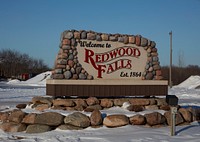                         Welcome sign on the edge of Redwood Falls, a small city in southwest Minnesota                        