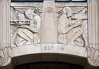                         Bas-relief above the entrance to the Rand Tower building in downtown Minneapolis, which--along with neighboring St. Paul--is one of Minnesota's famous "Twin Cities"                        