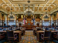                         The Senate Chamber of the capitol building of Kansas, often called the Kansas Statehouse locally, in Topeka                        