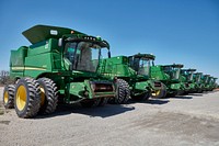                         A familiar scene in the American heartland is an array of harvesters for sale in Ellinwood, a small town near Great Bend, Kansas                        