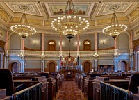                         The state House of Representatives Chamber inside the Kansas Capitol, often called the Kansas Statehouse locally, in Topeka                        