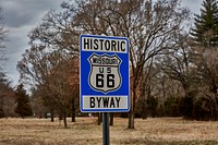                         Sign in a brief portion of the old, mostly two-lane U.S. Highway 66, at the Route 66 State Park near Eureka, Missouri                        