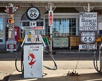                         Signs at the Totem Pole Trading Post, a tourist attraction along a surviving section of the old, two-lane U.S. Route 66 in Rolla, a small city in south-central Missouri                        