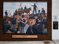                         The "Rescue at Leasburg" mural is one of several murals along the historic, mostly two-lane, U.S. Route 66 in Cuba, Missouri, depicting battles between Union and Confederate forces in the U.S. Civil War of the 1860s, when Missouri was officially a noncombatant border state that nonetheless saw fierce fighting                        