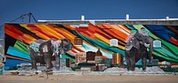                         Colorful art in the revitalized (as of 2021) North Topeka, colloquially NoTo, artsy neighborhood in the Kansas capital city of Topeka                        