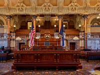                         The Senate Chamber of the capitol building of Kansas, often called the Kansas Statehouse locally, in Topeka                        