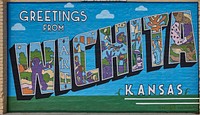                         A postcard-style mural greeting in Wichita, which, although having only about 385,000 residents, is the largest city in the Midwest-U.S. city of Kansas                        