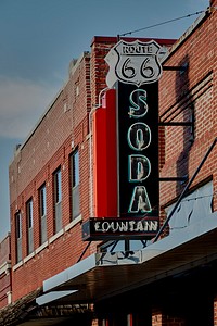                         Sign for the old Route 66 soda fountain in Baxter Springs, one of only two small towns, Galena is the other, in the ever-so-brief (just 11-mile) segment of historic U.S. Route 66 that's in Kansas                        